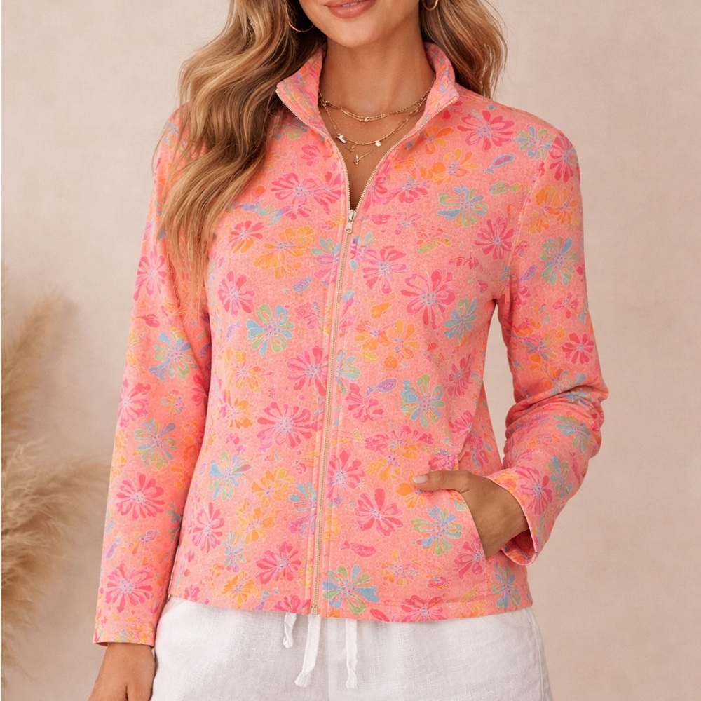 Fresh Produce Floral Full Zip Cotton Sweatshirt Size L Orange Beach Vacation